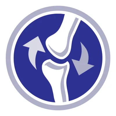 Icon showing two white bones forming a joint with two curved arrows around them on a blue circular background