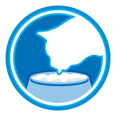 Ilustrácia siluety mačky pri miske s krmivom v modrom kruhu.