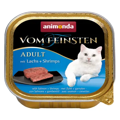 animonda Vom Feinsten ADULT mit Lachs + Shrimps, imagen de envase con gato blanco y trozo de comida húmeda. Texto en varios idiomas: con salmón y gambaretti, avec saumon + crevettes.