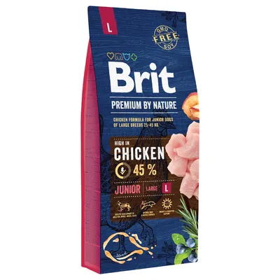 Brit Premium by Nature, Junior Large L, 45 % de poulet, sans OGM ni soja, pour chiens juniors grandes races 25–45 kg. Texte en anglais sur l’emballage.