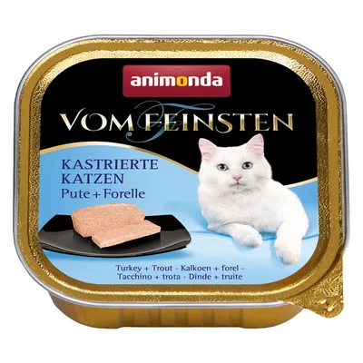 animonda Vom Feinsten храна за кастрирани котки, пуешко и пъстърва. Опаковка с изображение на пастет върху черна чиния и бялa котка. Текст на немски и английски.