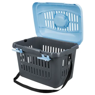 Plastic pet carrier with ventilation slots, blue lid open, grey base, two blue latches on front, and black shoulder strap visible.
