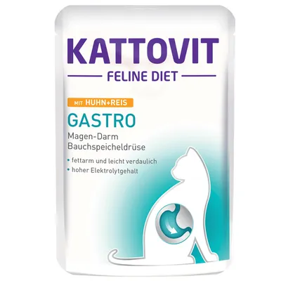 Kattovit Feline Diet Gastro с пиле и ориз. Видим текст на немски: Magen-Darm, Bauchspeicheldrüse, fettarm und leicht verdaulich, hoher Elektrolytgehalt.