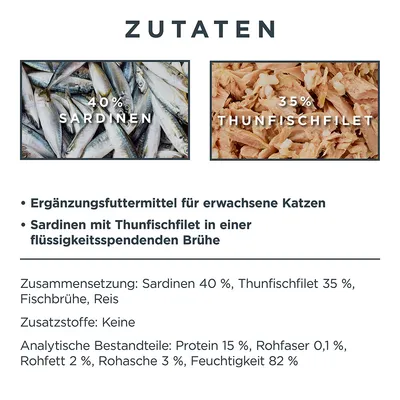 Zutaten: Sardinen 40 %, Thunfischfilet 35 %, Fischbrühe, Reis. Ergänzungsfuttermittel für erwachsene Katzen. Keine Zusatzstoffe. Analytische Bestandteile: Protein 15 %, Feuchtigkeit 82 %.
