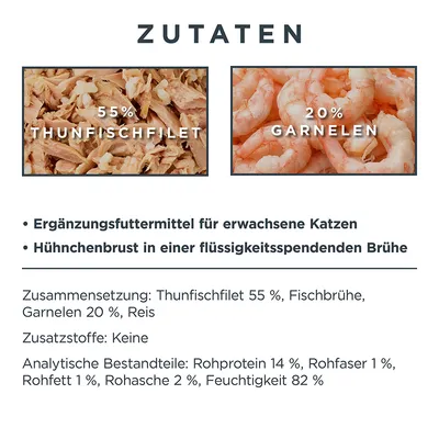 Zutaten: Thunfischfilet 55%, Garnelen 20%. Ergänzungsfuttermittel für erwachsene Katzen. Zusammensetzung: Thunfisch, Fischbrühe, Reis. Zusatzstoffe: Keine. Analytische Bestandteile: Protein 14%, Fett 1%.