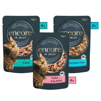 Poches de 50 g Encore In Jelly pour chat : 8x thon, 8x poisson de l’océan, 4x thon avec saumon. Texte visible : 100% natural ingredients, dolphin friendly.