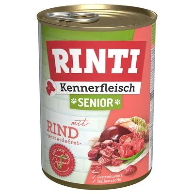 Blik Rinti Kennerfleisch Senior met rund, getreidefrei, fettreduziert, ballaststoffe. Op het etiket: stukken rundvlees, lever en groente zichtbaar. Duitse tekst op verpakking.