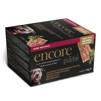 Confezione Encore pâté multipack misto, 5 x 150 g, con pollo, agnello e manzo. Testo visibile: 'Made with natural ingredients', immagine di cane e paté.