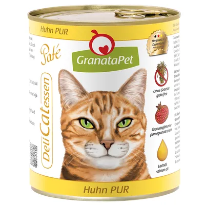 Lata de comida para gatos GranataPet DeliCatessen Paté Huhn PUR. Texto visible: sin cereales, semillas de granada, aceite de salmón. Imagen de un gato en la etiqueta.