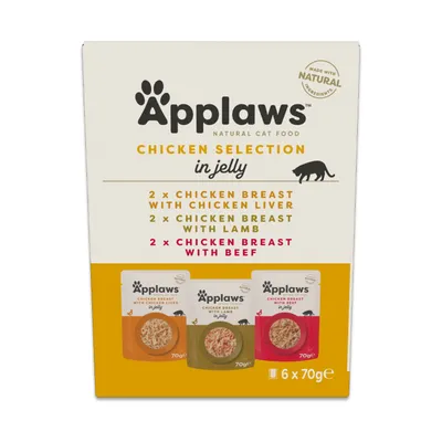 Applaws Chicken Selection in Jelly: 2x Chicken Breast with Liver, 2x Chicken Breast with Lamb, 2x Chicken Breast with Beef. 6x 70g. Made with natural ingredients. Applaws Chicken Selection in Jelly: 2x Chicken Breast with Liver, 2x Chicken Breast with Lamb, 2x Chicken Breast with Beef. 6x 70g. Made with natural ingredients.