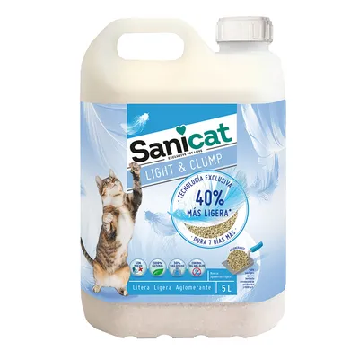 Sanicat Light & Clump kattsand, 5 liter. Text: Teknologi exclusiva 40% más ligera, dura 7 días más. Ikoner: utan parfym, 100% naturlig, 20% mindre damm, luktkontroll.