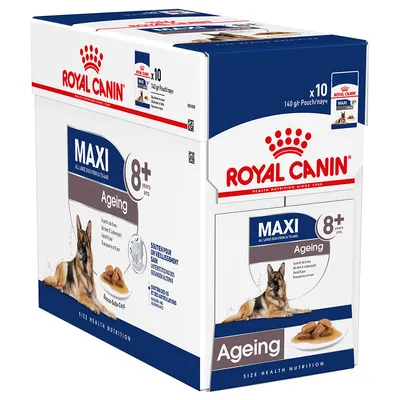 Упаковка Royal Canin Maxi Ageing 8+ для крупных собак старше 8 лет, 10 паучей по 140 г. На упаковке изображён корм и собака.