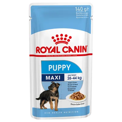 Royal Canin Puppy Maxi våtfoder, 140 g. För valpar med vuxenvikt 26–44 kg. Bild på hundvalp och foderbitar i sås. Text på flera språk om ålder upp till 15 månader.