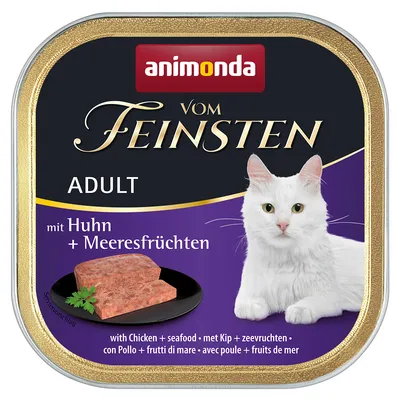Animonda Vom Feinsten Adult mit Huhn und Meeresfrüchten. Nassfutter für Katzen, Serviervorschlag abgebildet.