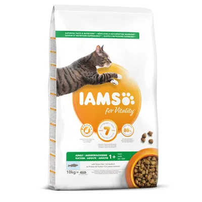 IAMS for Vitality Adult 1+ Ocean Fish -kuivaruoka kissoille, 10 kg pussi. Pakkauksessa kuva kissasta ja ruokakupista sekä teksti: 88 % eläinproteiinia, tukee 7 elintoimintoa.