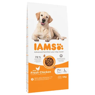 Sac IAMS avec poulet frais, 12 kg, pour chiens de plus de 7 ans et plus de 25 kg. 78 % protéines animales, nutrition complète et équilibrée, sans blé. Texte en anglais visible.