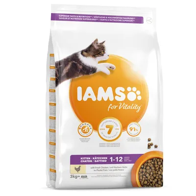 IAMS for Vitality Kitten 1–12 kuukautta, tuore kana, 3 kg. Pakkauksessa kuva kissasta ja ruokakupista, teksti: supporting 7 signs of healthy vitality, 91 % eläinproteiinia.