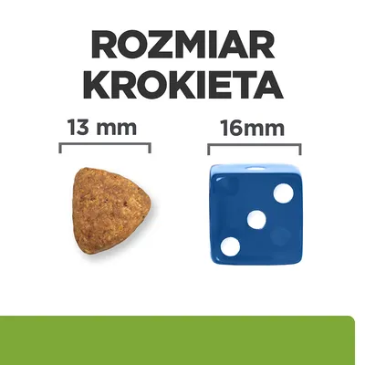 Rozmiar krokieta: trójkątny krokiet 13 mm obok niebieskiej kostki do gry 16 mm. Porównanie wielkości dla lepszego zobrazowania produktu.