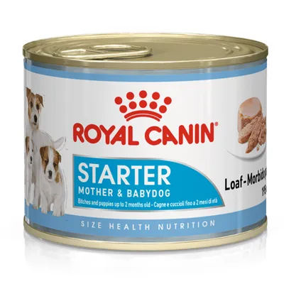 Royal Canin Starter Mother & Babydog natvoer, blik met afbeelding van puppy’s en tekst: voor teven en pups tot 2 maanden. Loaf-Morbido, Size Health Nutrition.
