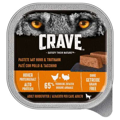 Опаковка с надпис: ADULT HUNDEFUTTER / ALIMENTO PER CANE ADULTO. Частично видима метална кутия за храна за кучета.