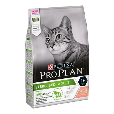 Purina Pro Plan Sterilised Adult kattenvoer, rijk aan zalm, voor katten vanaf 1 jaar. Optirenal, geen toegevoegde kleurstoffen. Hoofdingrediënt: zalm. ISFM-logo zichtbaar.