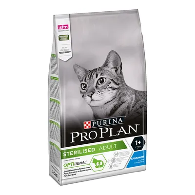 Опаковка Purina Pro Plan Sterilised Adult 1+ с изображение на котка, надписи Optirenal, с крокиком, без добавени оцветители, за поддържане здравето на бъбреците.