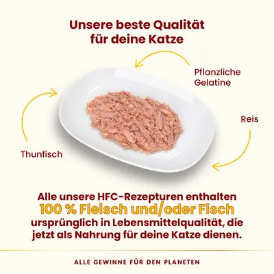 Texte en allemand : Unsere beste Qualität für deine Katze. Thunfisch, pflanzliche Gelatine, Reis. 100 % Fleisch und/oder Fisch ursprünglich in Lebensmittelqualität.