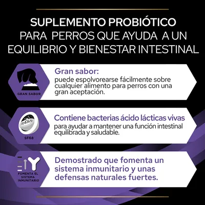 Suplemento probiótico para perros. Gran sabor, contiene bacterias ácido lácticas vivas y demostrado que fomenta el sistema inmunitario y defensas naturales fuertes.