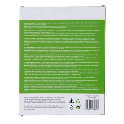 Confezione di sacchetti biodegradabili per escrementi di cane, 50 pezzi. Testo multilingue su uso e avvertenze. Simboli di riciclaggio, codice a barre, prodotto da Zooplus AG.