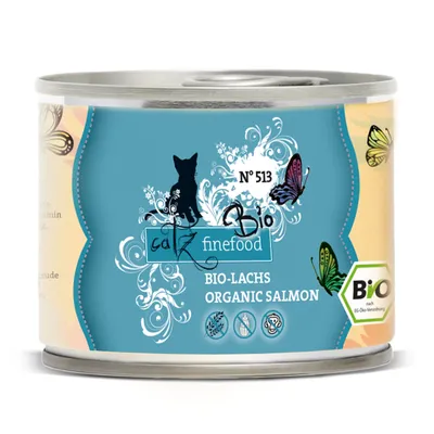 catz finefood Bio N°513, BIO-LACHS ORGANIC SALMON, Bio-merkintä. Säilykepurkki, jossa sininen etiketti ja perhoskuvioita.