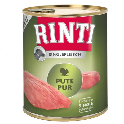 RINTI Singlefleisch Pute Pur -koiran märkäruokapurkki, näkyvissä tekstit: 1 Protein Single, getreidefrei. Kuvassa kalkkunanlihaa ja kalkkunasymboli.