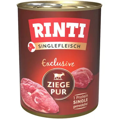 Rinti Singlefleisch Exclusive Ziege Pur, 1 Protein Single, getreidefrei. Dose mit rotem Design und Abbildung von frischem Ziegenfleisch.