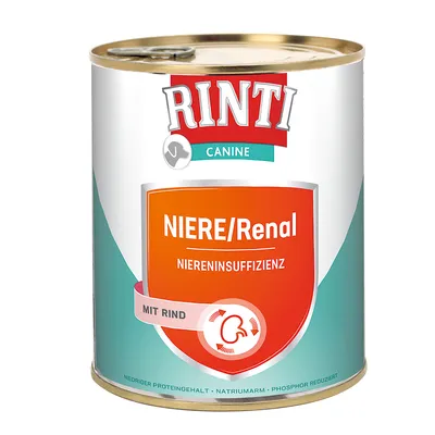Rinti Canine NIERE/Renal Niereninsuffizienz mit Rind. Testo in tedesco: niedriger Proteingehalt, natriumarm, phosphor reduziert.