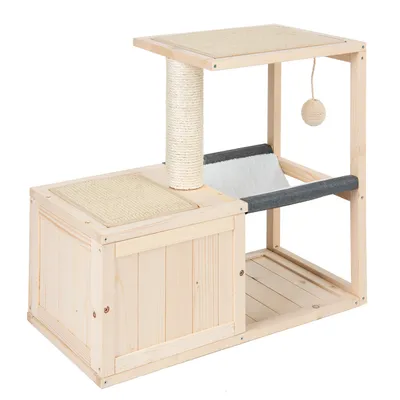 Kratzbaum aus Holz mit Sisal-Kratzfläche, Hängematte und Spielball. Zwei Ebenen für Katzen zum Spielen und Entspannen.