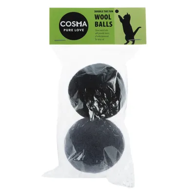 Cosma Pure Love Wool Balls, crne vunene loptice u dvostrukom pakiranju. Pakiranje sa zelenom etiketom i crnom siluetom mačke.