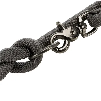 Close-up of a grey braided dog lead with metal carabiner hook.