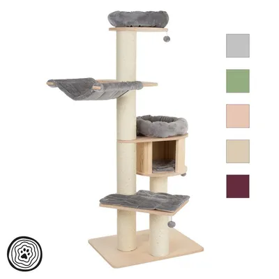 Ξύλινο δέντρο γάτας με στύλους από σιζάλ, γκρι επιφάνειες ανάπαυσης και κρυψώνα. Επιλογές χρώματος: γκρι, πράσινο, μπεζ, κρεμ, μπορντό.