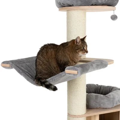 Kratzbaum mit grauer Hängematte, Sisalstamm und gepolsterter Liegefläche. Katze sitzt auf der Hängematte.