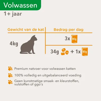 Voedingsadvies voor volwassen kat 4 kg: dagelijks 3x 85g natvoer of 34g brokjes + 1x 85g natvoer. Premium natvoer, 100% volledig, geen kunstmatige stoffen of ggo's.
