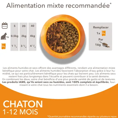Tableau d’alimentation mixte recommandée pour chaton 1–12 mois : 0,5 kg 1½ x 85 g, 2 kg 3¼ x 85 g, 4 kg 4¼ x 85 g. Remplacer 1x 85 g par 16 g croquettes.