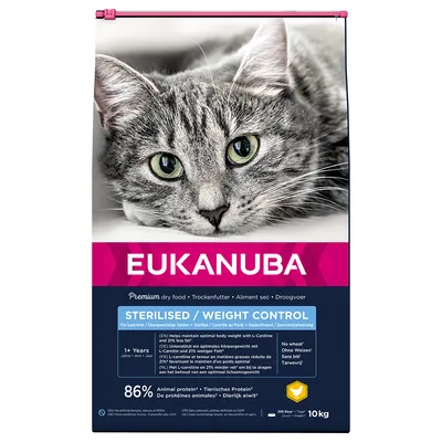 EUKANUBA Sterilised / Weight Control kissan kuivaruoka, 86 % eläinproteiinia, ei vehnää, 10 kg pakkaus. Näkyvissä harmaa raidallinen kissa ja tuotetiedot englanniksi.