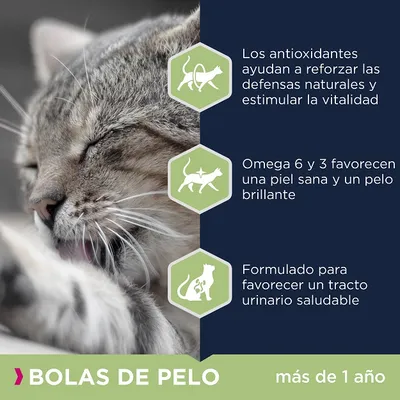 Bolas de pelo más de 1 año. Los antioxidantes ayudan a reforzar las defensas naturales, omega 6 y 3 favorecen piel y pelo, formulado para un tracto urinario saludable.