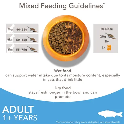 Mixed feeding guide for adult cats 1+ years: 3kg 40–55g, 4kg 50–65g, 5kg 55–75g. Replace 20g dry with 1x 85g wet food. Wet and dry food benefits described.