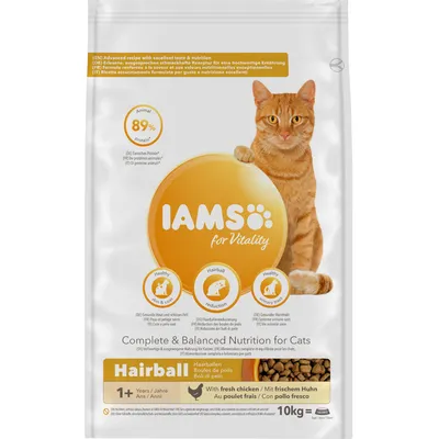 IAMS for Vitality Hairball dry food, 89% animal protein, supports healthy skin and coat, hairball reduction, urinary tract health, with fresh chicken, suitable for cats aged 1 year and over, 10kg bag.