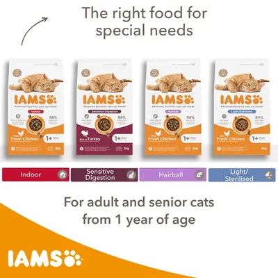 IAMS macskaeledel csomagok: Indoor, Sensitive Digestion, Hairball, Light/Sterilised, 3 kg, 1+ éves felnőtt és idős macskáknak. Látható szöveg angolul.