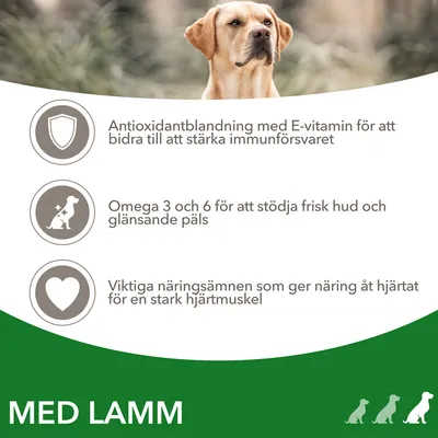 Antioxidantblandning med E-vitamin, omega 3 och 6 för hud och päls, samt näringsämnen för hjärtmuskeln. Text: MED LAMM.