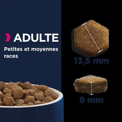 Croquettes pour chiens adultes petites et moyennes races, forme hexagonale, dimensions indiquées : 13,5 mm de large, 8 mm d’épaisseur. Texte visible : ADULTE Petites et moyennes races.