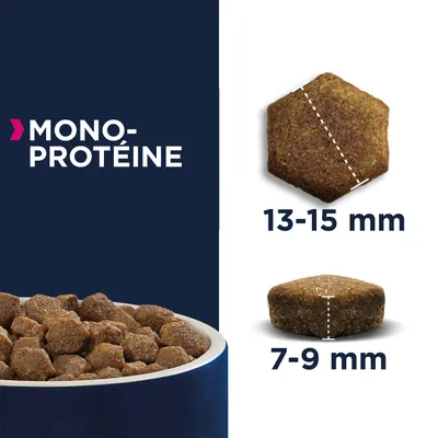 Croquettes mono-protéine, forme hexagonale, dimensions indiquées : 13–15 mm de large et 7–9 mm d’épaisseur. Bol rempli de croquettes visible en bas à gauche.