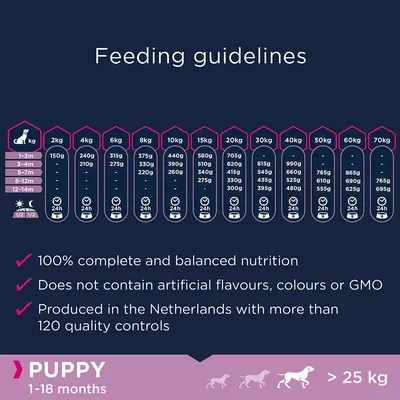 Utfodringsråd för valp 1–18 månader, vikt 2–70 kg. Text: 100 % komplett och balanserad näring, inga konstgjorda smaker/färger/GMO, producerad i Nederländerna med över 120 kvalitetskontroller.