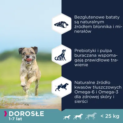 Bezglutenowe bataty – źródło błonnika i minerałów, prebiotyki i pulpa buraczana wspomagają trawienie, kwasy Omega-6 i Omega-3 dla skóry i sierści. Dla dorosłych psów 1–7 lat, <25 kg.